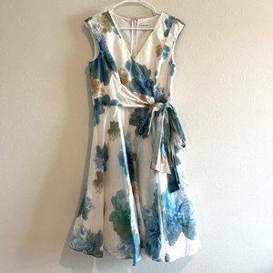 Calvin Klein Fit & Flare Dress Watercolor Floral Print Faux Wrap White Size 8